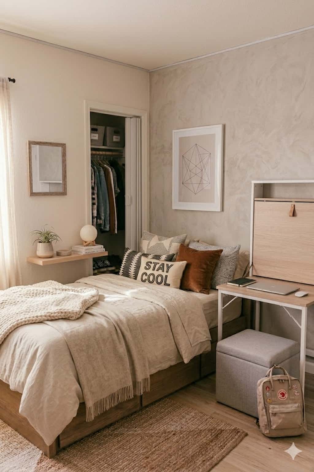 cozy bed with neutral stylish bedding