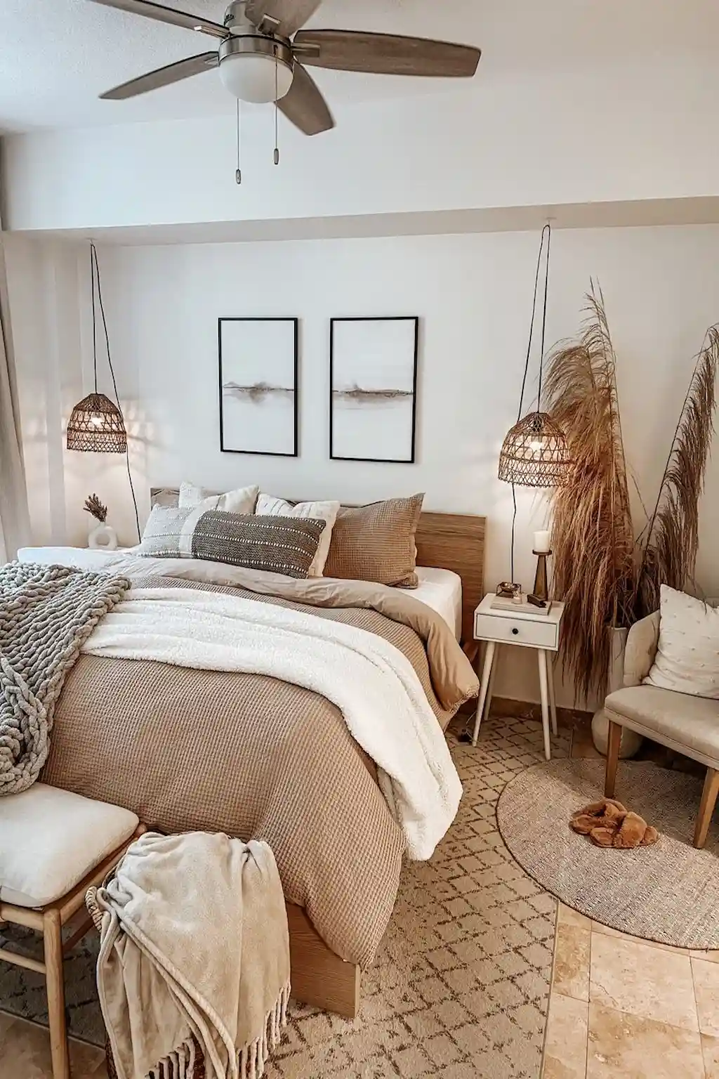 cozy bedroom with layered textures and blankets
