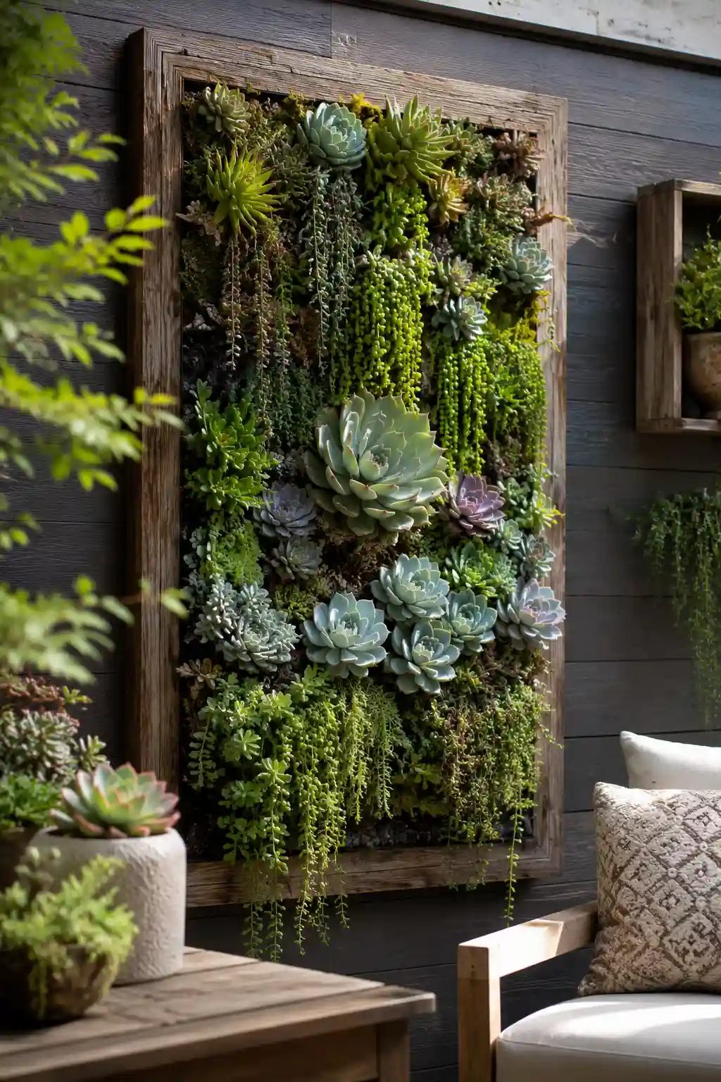 Artistic succulent wall frame with layered greenery