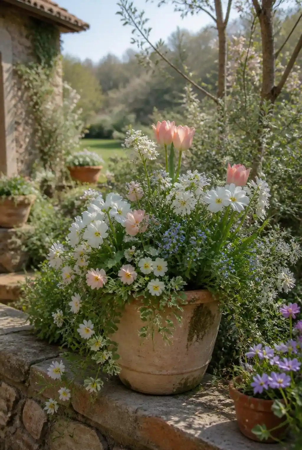 Natural spring flower planters with soft organic garden styling