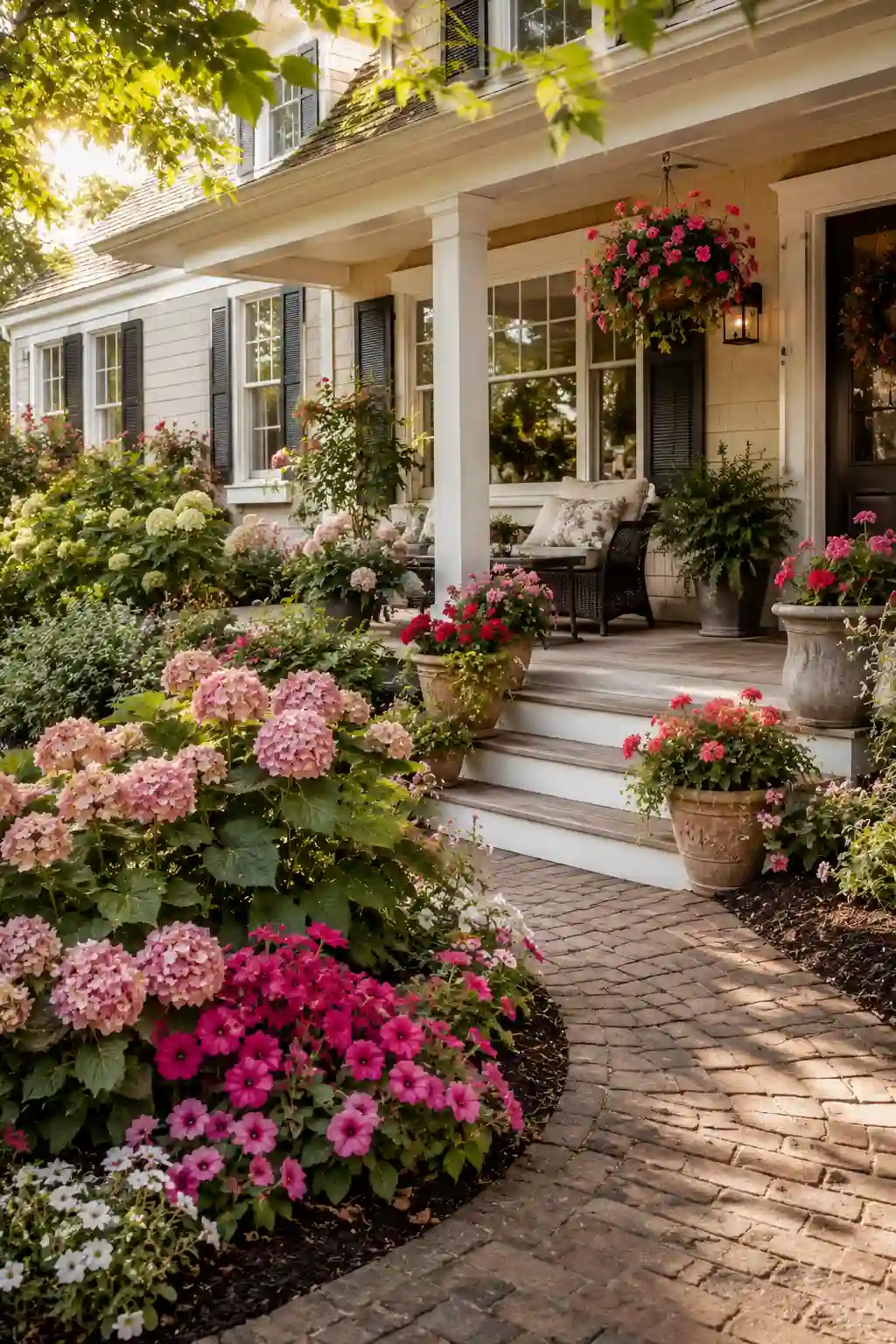 Front porch with colorful flower beds and cozy landscaping design