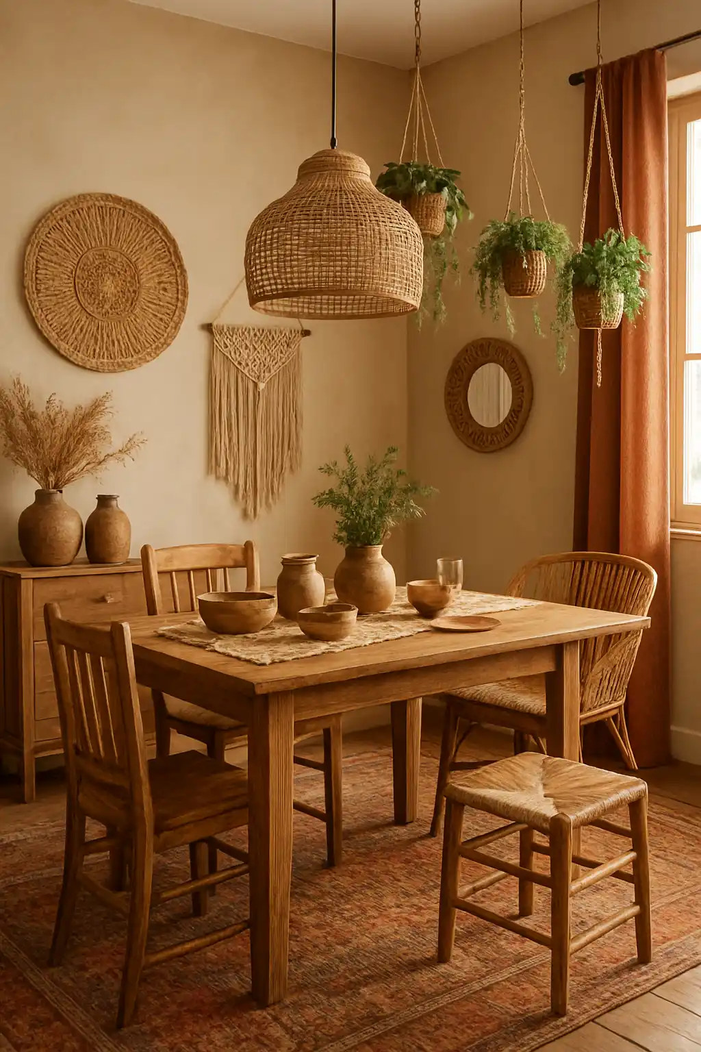 Rustic bohemian dining room with layered textiles, plants, handcrafted decor, and wood furniture.