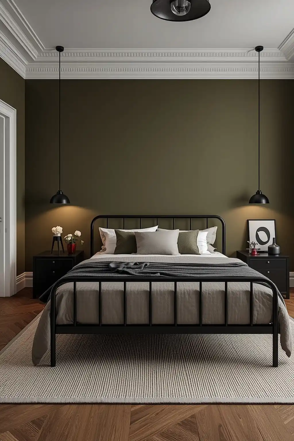 Olive green bedroom with black accents for a modern look