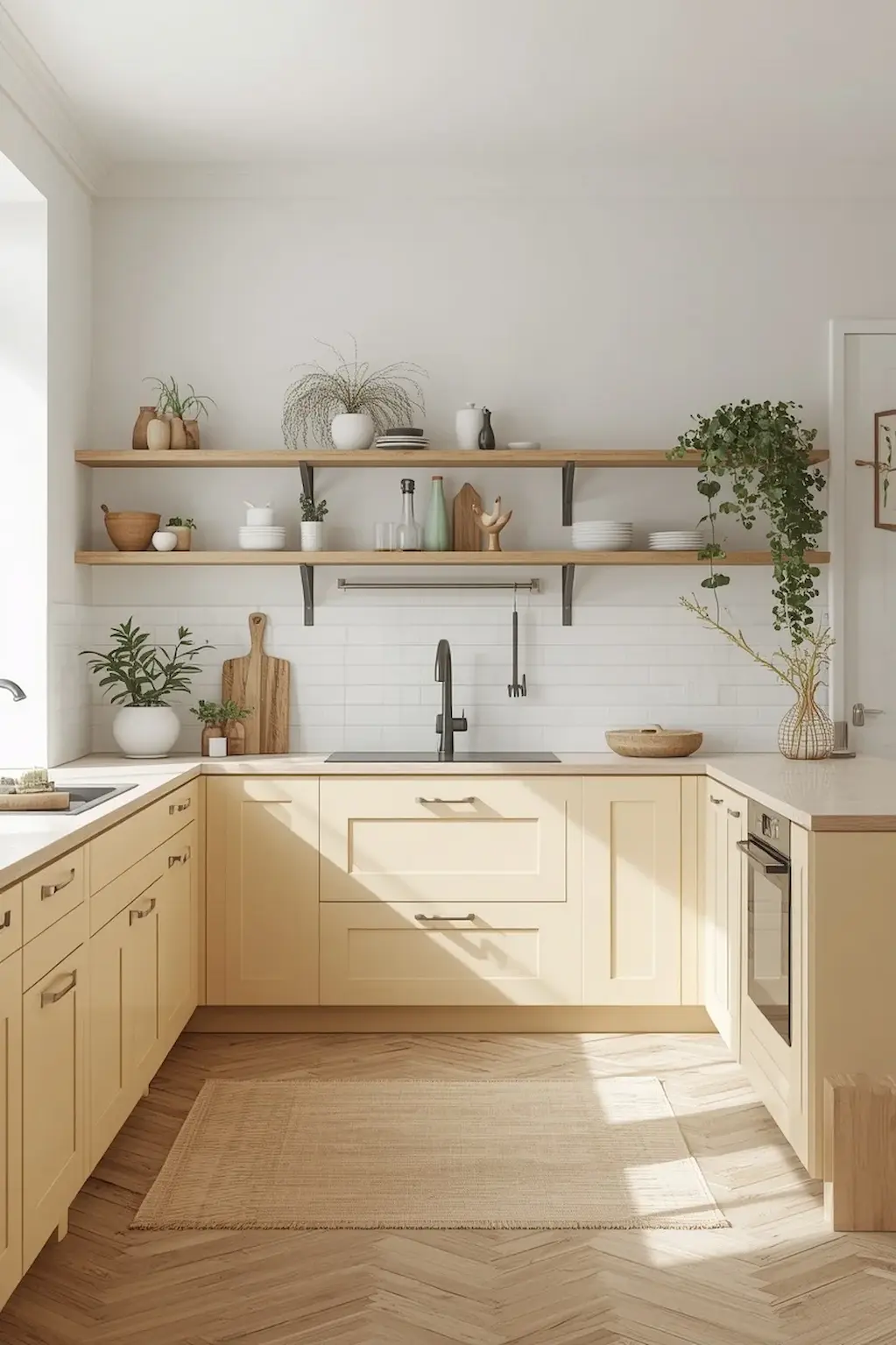 Scandinavian kitchen with light yellow cabinets, pale wood accents, and minimalist decor