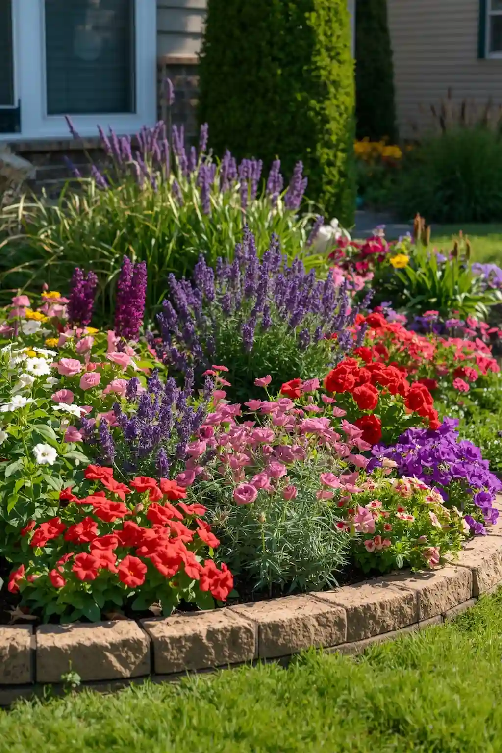Front yard flower bed with mixed perennial and annual flowers in colorful layers