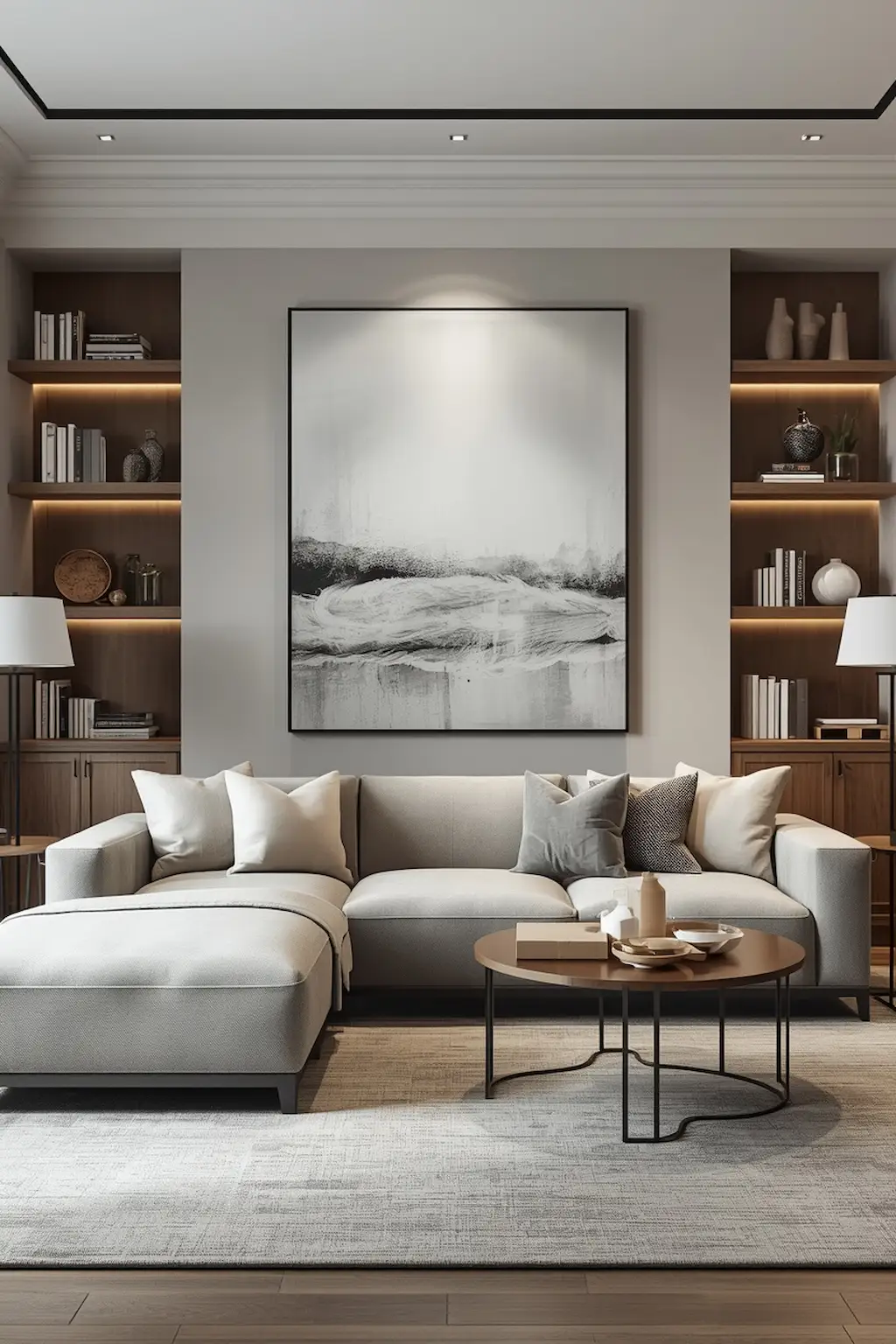 Grey sofa living room with oversized wall art and modern gallery wall decor