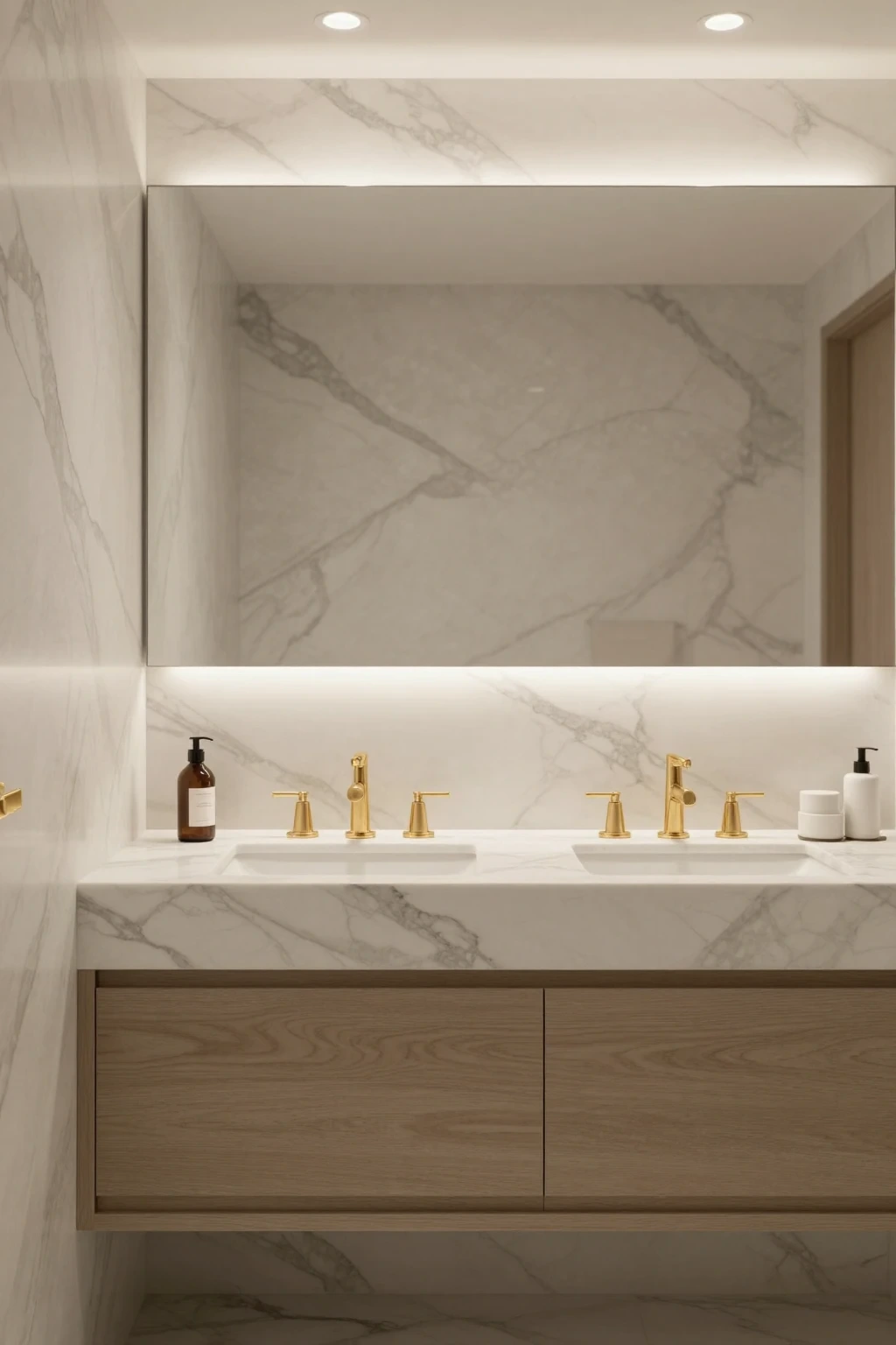 marble bathroom backsplash with gold fixtures
