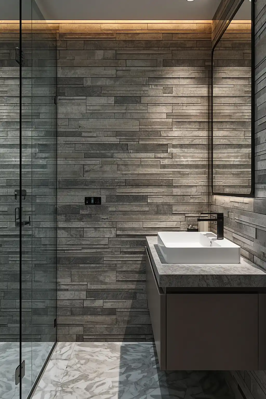 mixed material bathroom backsplash design