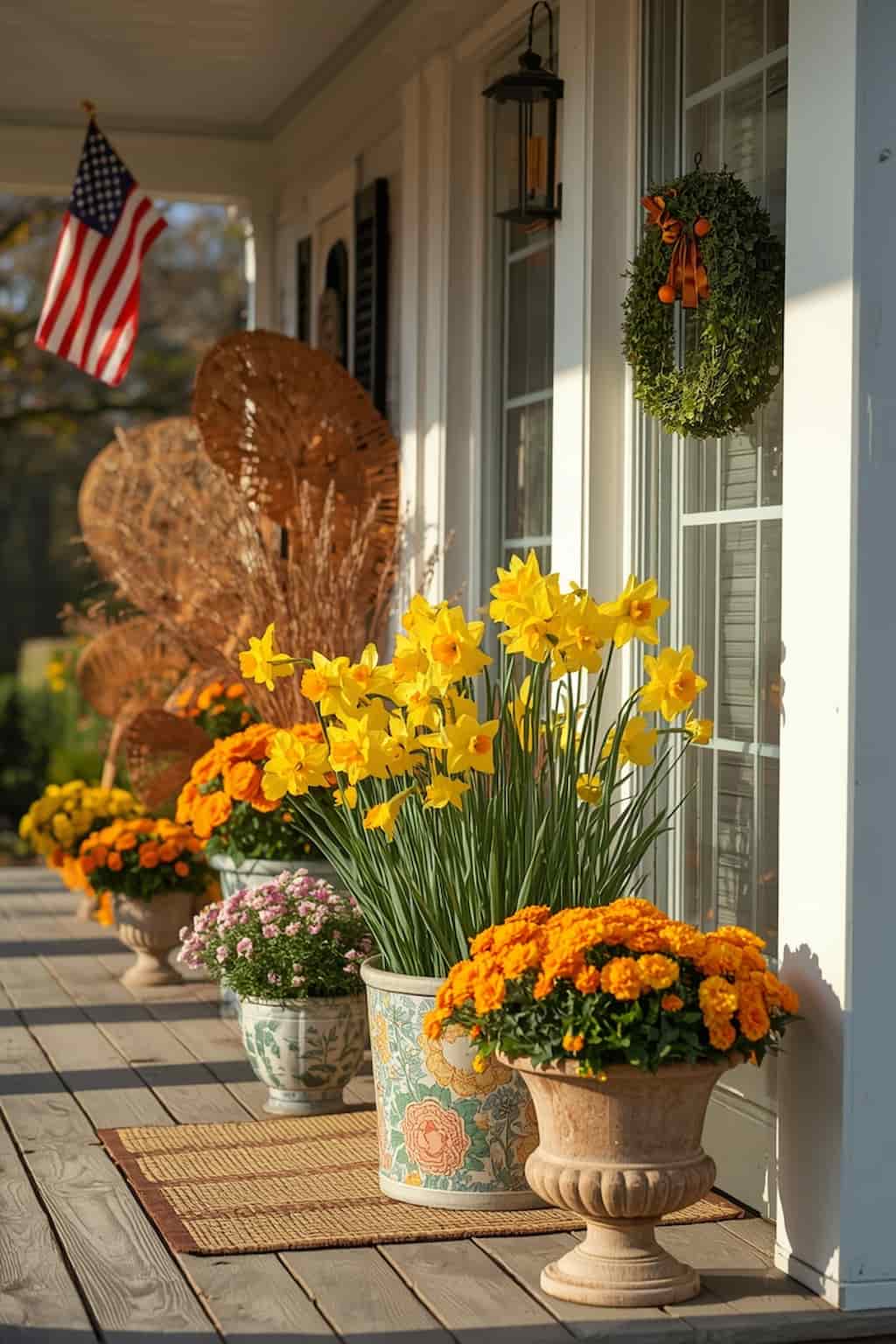 Cheerful yellow spring flowers in decorative outdoor planters