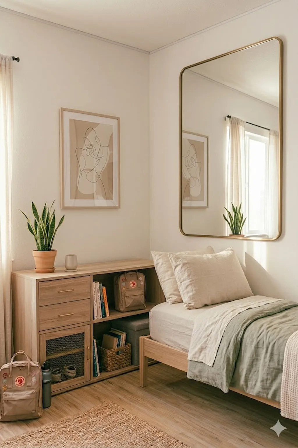small bedroom with mirror making space look bigger