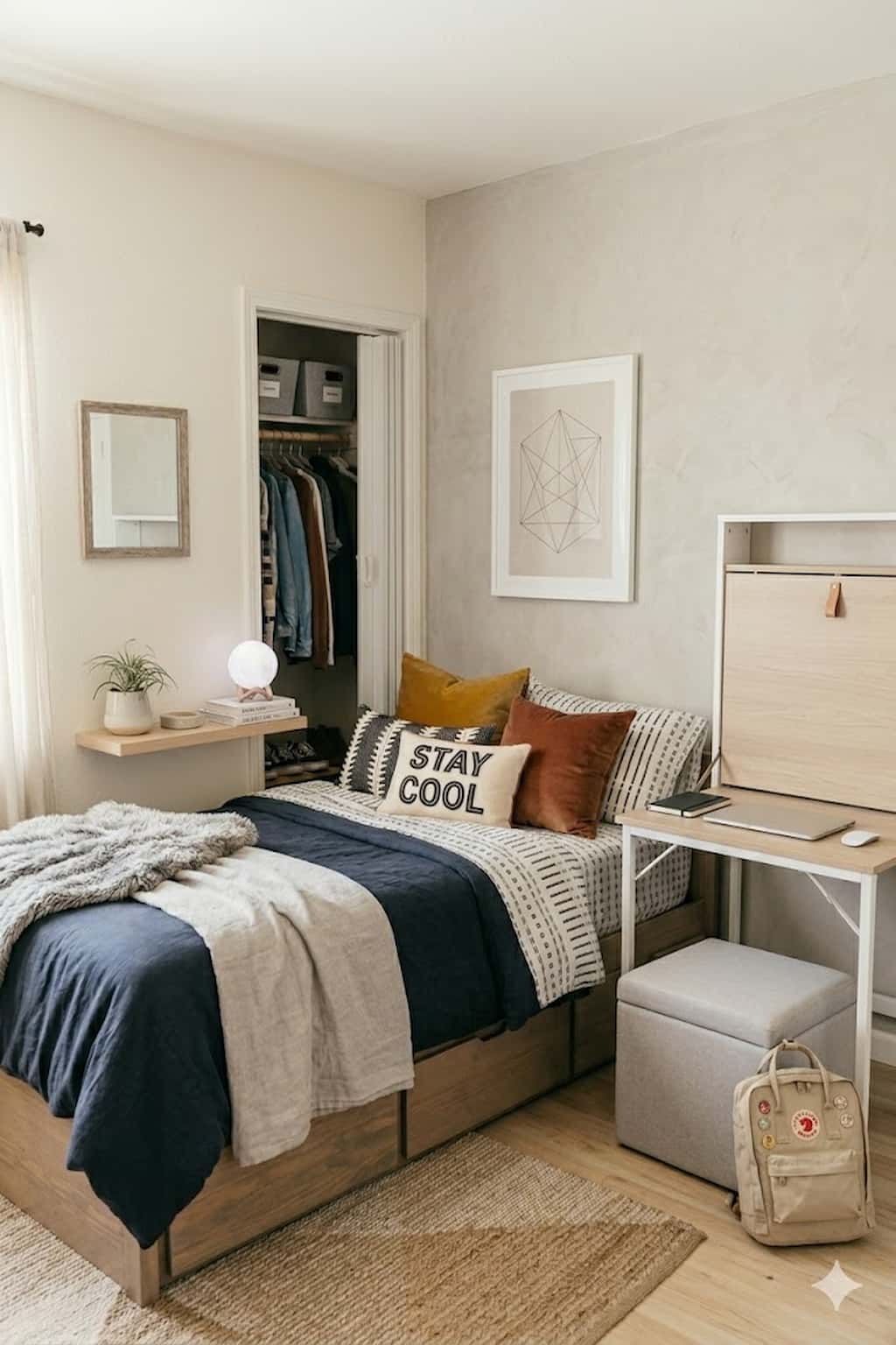 small bedroom with multifunctional furniture setup