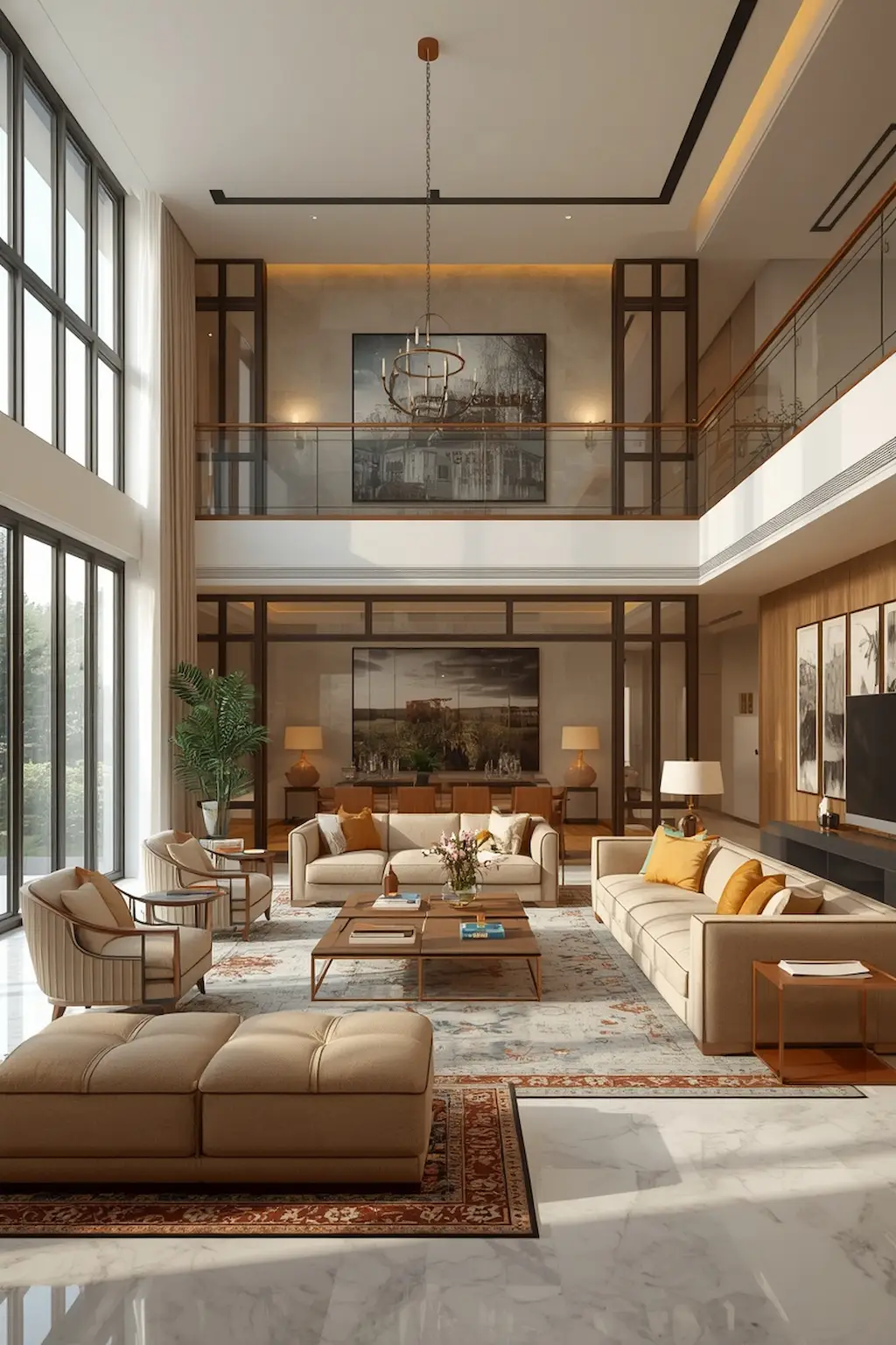 spacious living room with multiple cozy seating zones and modern decor