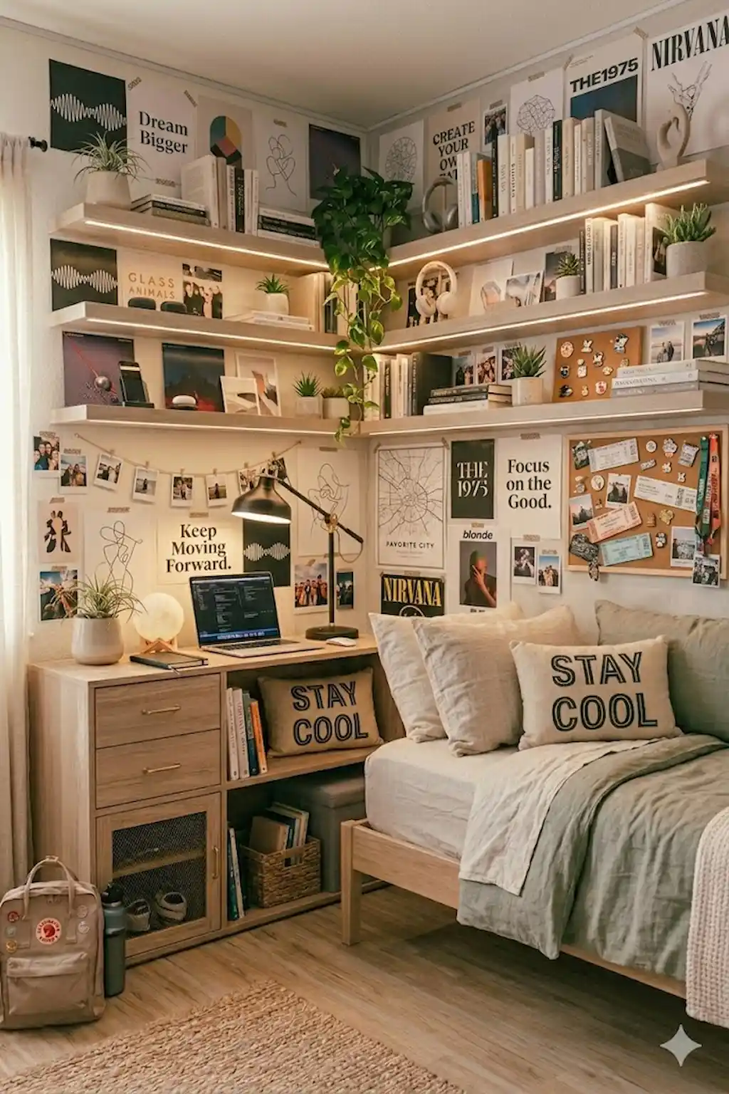 teen bedroom wall filled with posters and art