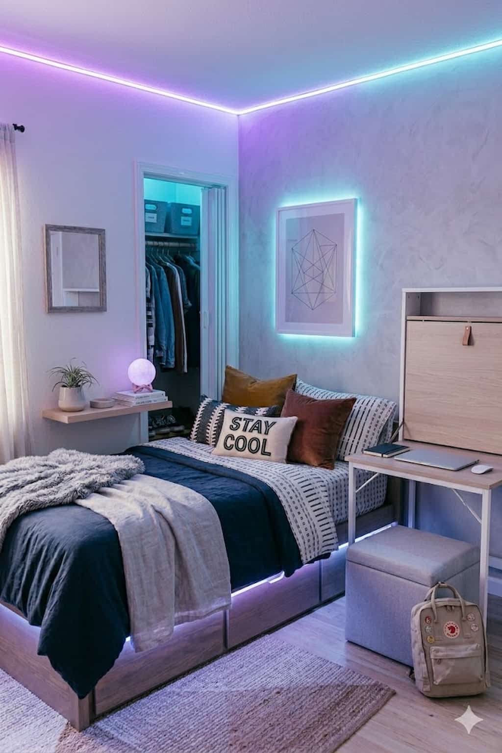 teen bedroom with LED strip lights aesthetic