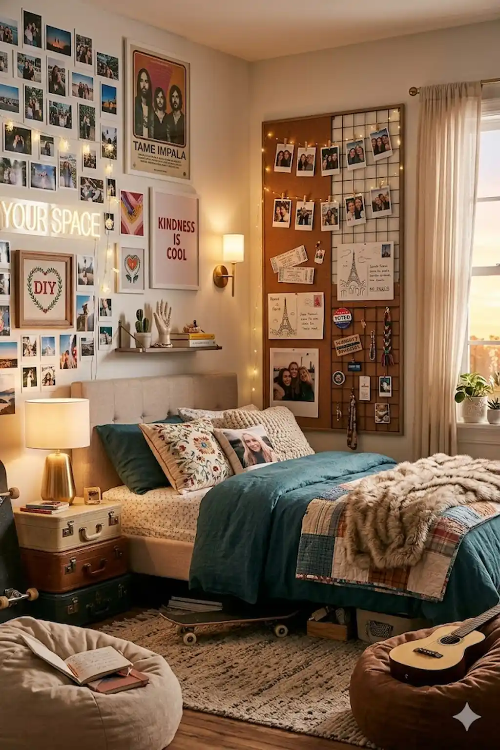 teen bedroom with personal photos and decor