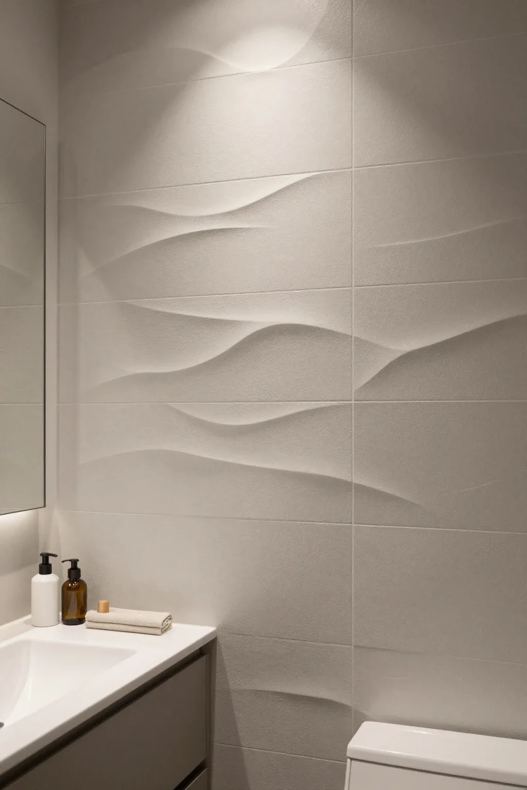 textured tile bathroom backsplash