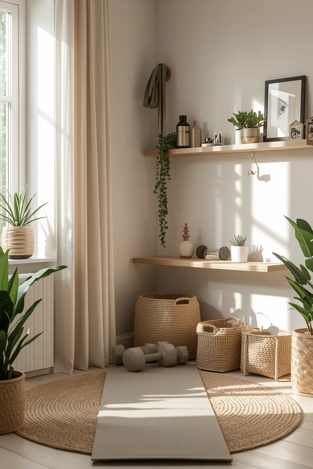 Small apartment corner transformed into a compact modern mini home gym with yoga mat and fitness accessories