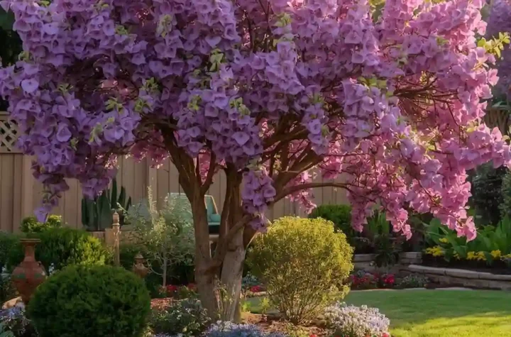 Beautiful foxglove tree blooming with purple flowers in a colorful landscaped backyard garden