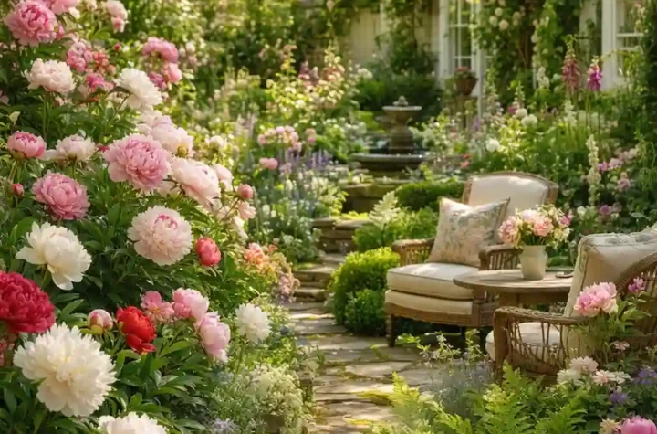 Colorful backyard peony garden featuring lush pink, white, and red peony flowers in a beautifully landscaped outdoor space