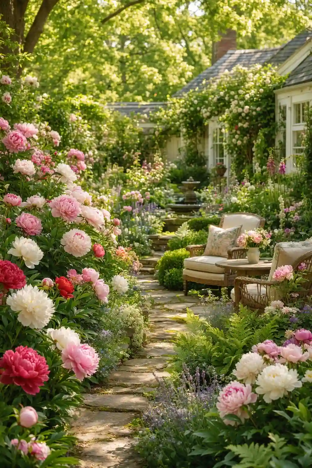 Colorful backyard peony garden featuring lush pink, white, and red peony flowers in a beautifully landscaped outdoor space