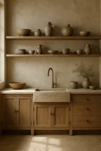 Beautiful Wabi Sabi kitchen featuring natural wood, handmade pottery, earthy tones, and organic textures