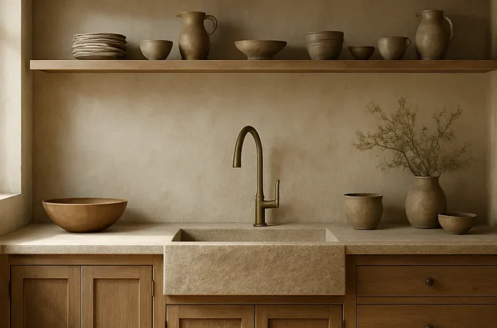 Beautiful Wabi Sabi kitchen featuring natural wood, handmade pottery, earthy tones, and organic textures