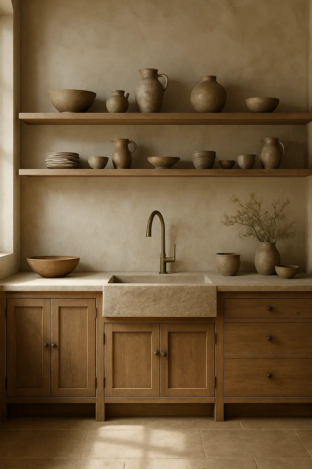 Beautiful Wabi Sabi kitchen featuring natural wood, handmade pottery, earthy tones, and organic textures