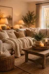 Cozy living room with layered textiles, warm lighting, natural wood furniture, soft neutral colors, and inviting home decor