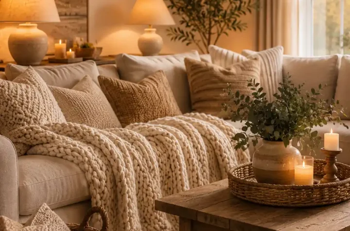 Cozy living room with layered textiles, warm lighting, natural wood furniture, soft neutral colors, and inviting home decor