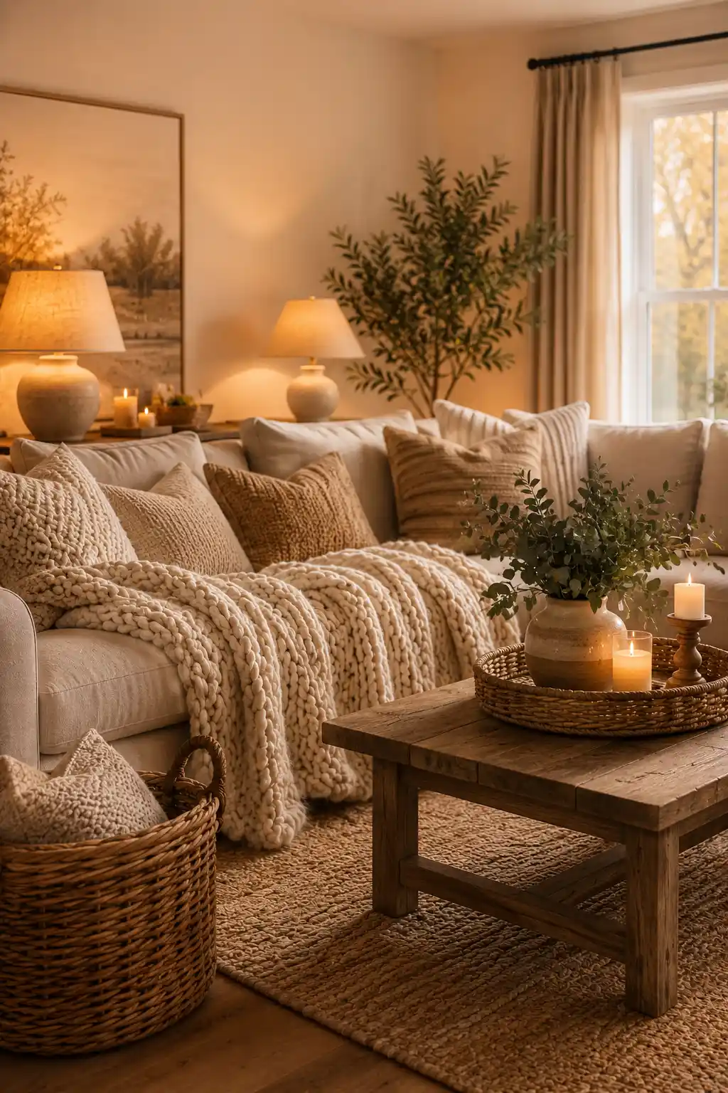 Cozy living room with layered textiles, warm lighting, natural wood furniture, soft neutral colors, and inviting home decor