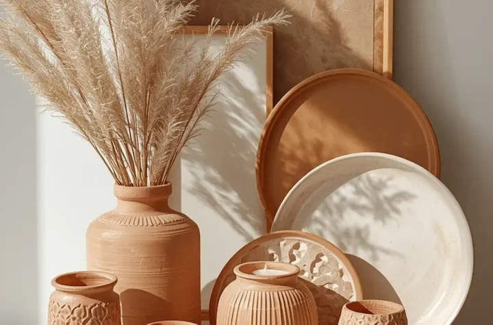 Collection of beautiful handmade clay home decor pieces including vases, trays, candle holders, and wall art arranged in a stylish modern interior