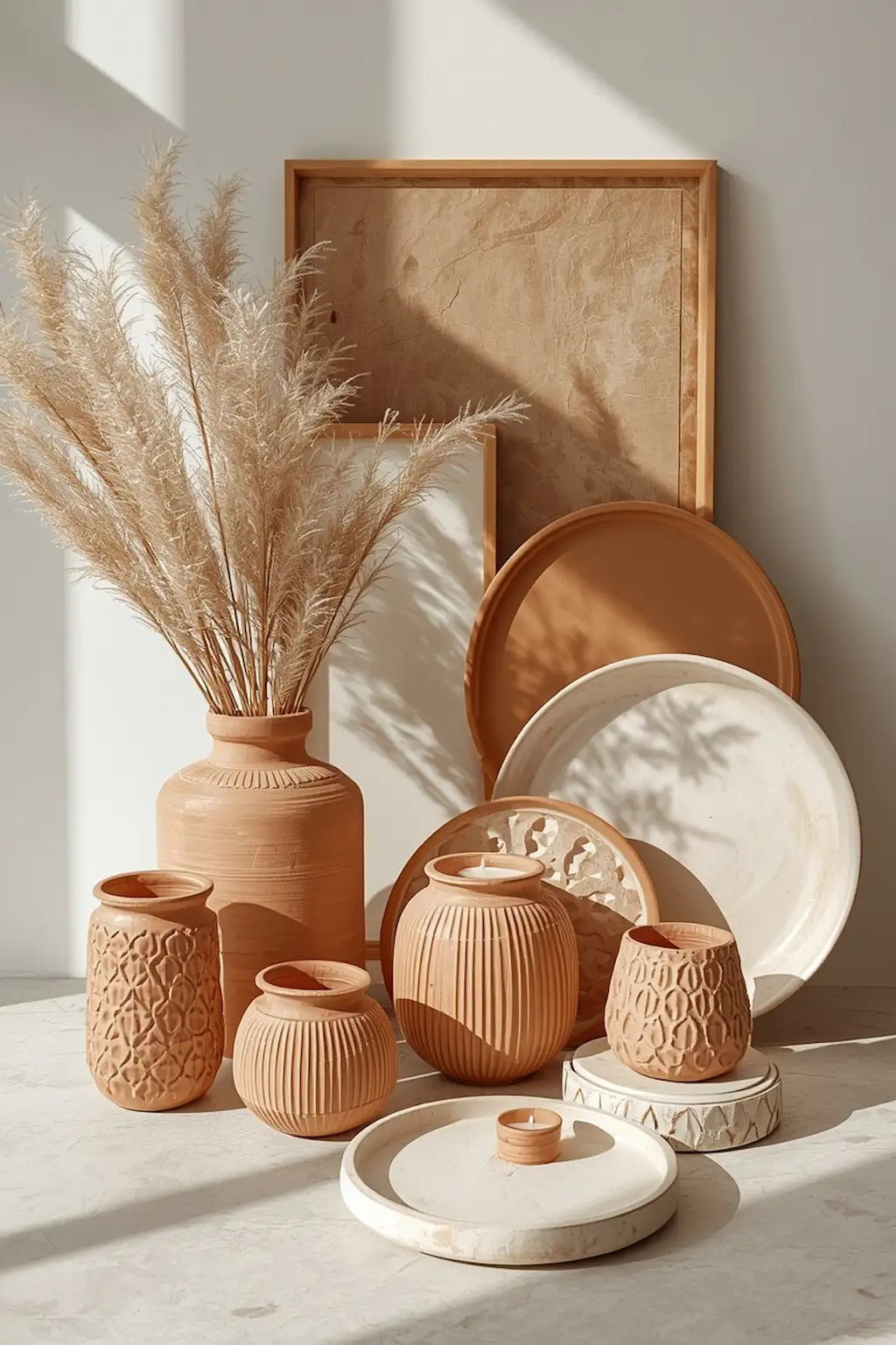 Collection of beautiful handmade clay home decor pieces including vases, trays, candle holders, and wall art arranged in a stylish modern interior