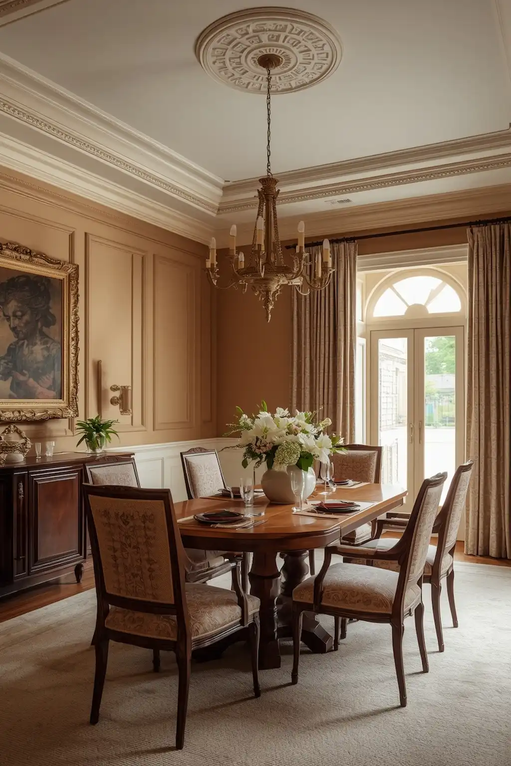 Traditional dining room with elegant raised panel wainscoting and classic architectural details
