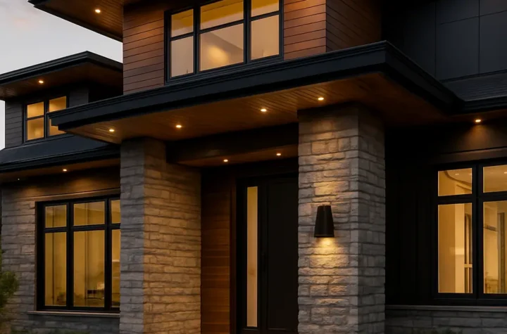 Modern home exterior featuring stylish soffit designs with wood finishes, recessed lighting, and beautiful architectural details that enhance curb appeal
