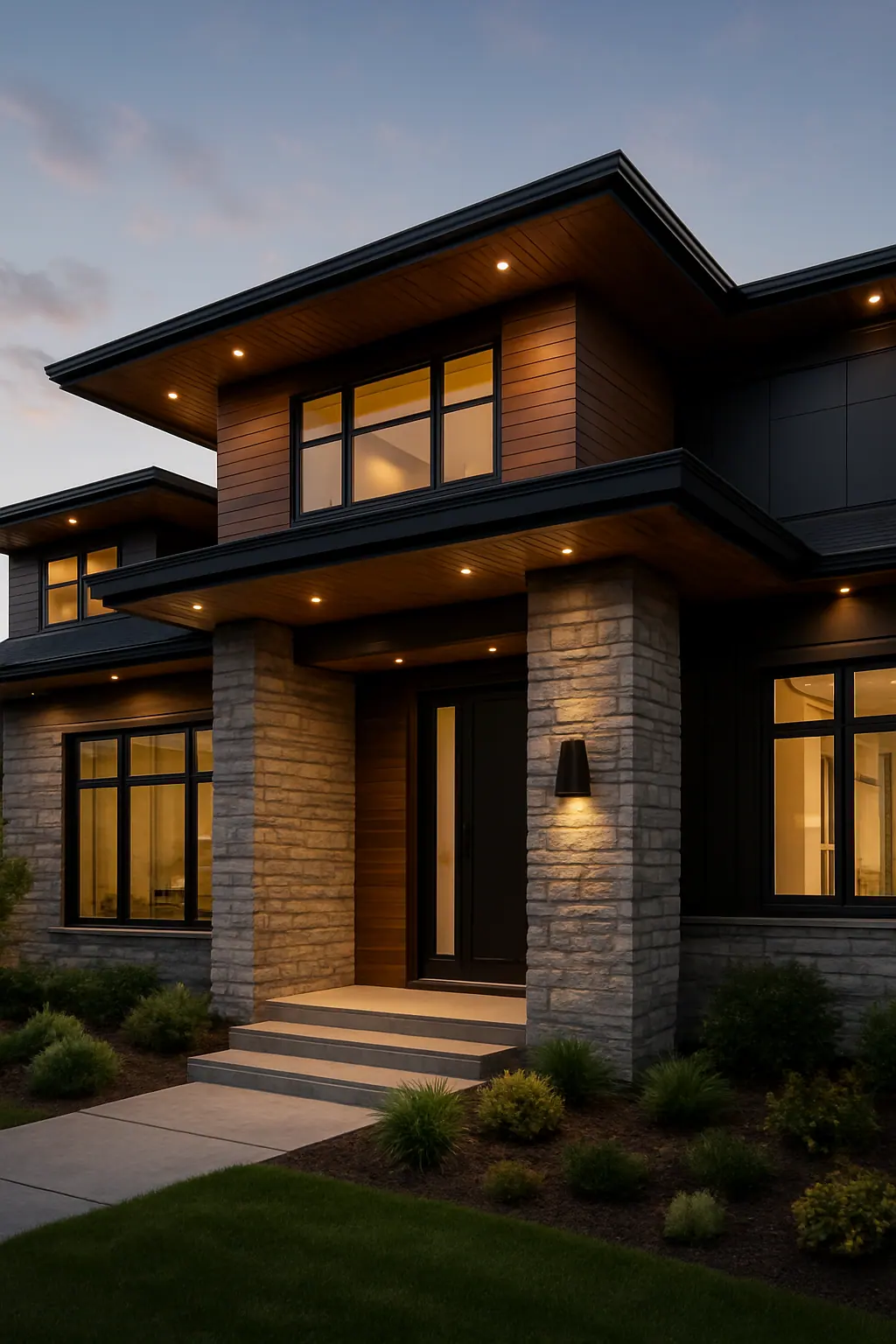 Modern home exterior featuring stylish soffit designs with wood finishes, recessed lighting, and beautiful architectural details that enhance curb appeal