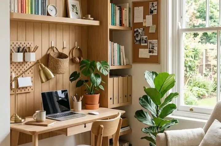 Stylish modern study nook with desk, shelving, natural light, and organized workspace decor