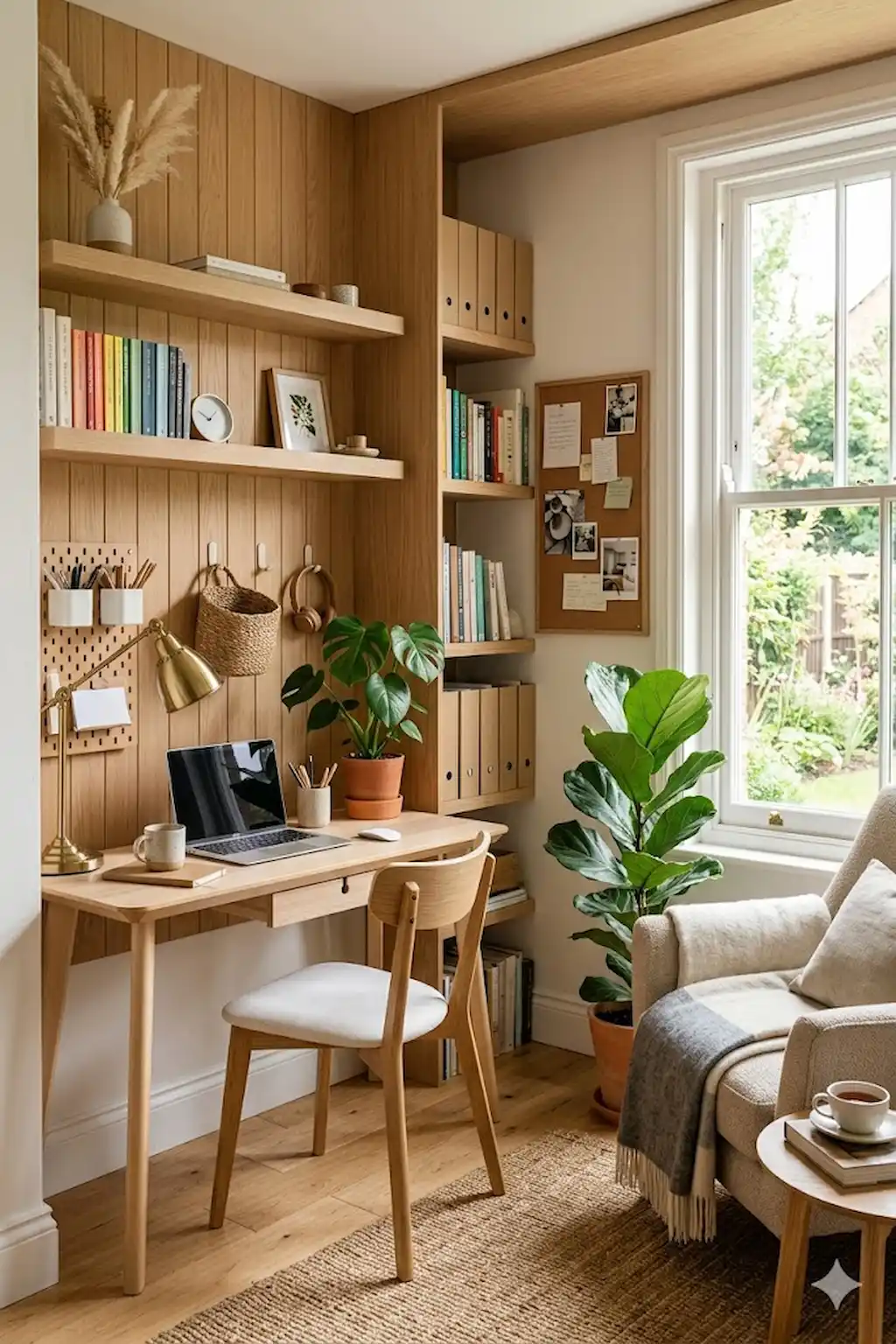 Stylish modern study nook with desk, shelving, natural light, and organized workspace decor