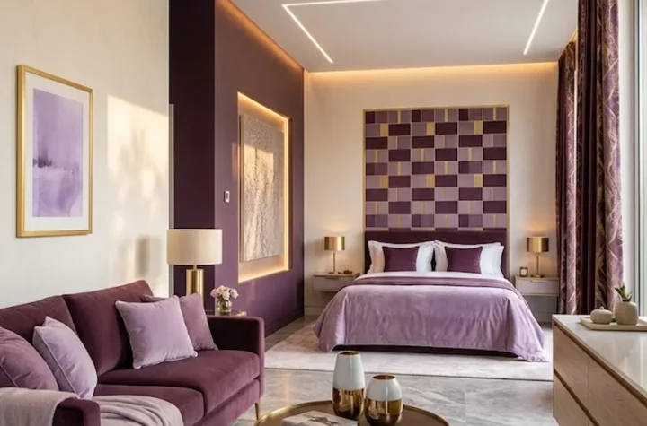 Elegant interior featuring rich plum and purple paint colors with modern luxurious decor