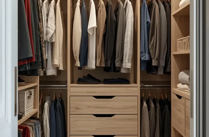 Small organized closet featuring custom shelving, double hanging rods, storage baskets, drawers, and space-saving closet organization ideas