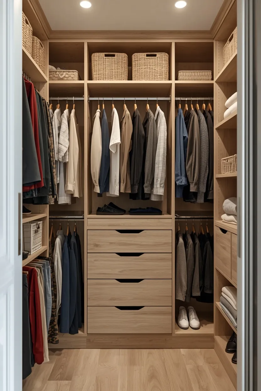Small organized closet featuring custom shelving, double hanging rods, storage baskets, drawers, and space-saving closet organization ideas