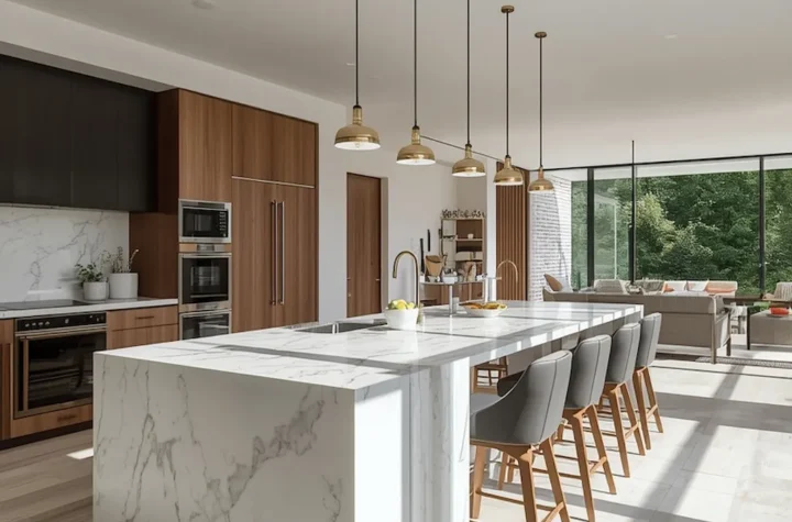 Stunning modern open kitchen with luxury island, custom cabinetry, pendant lighting, and seamless open-concept design.
