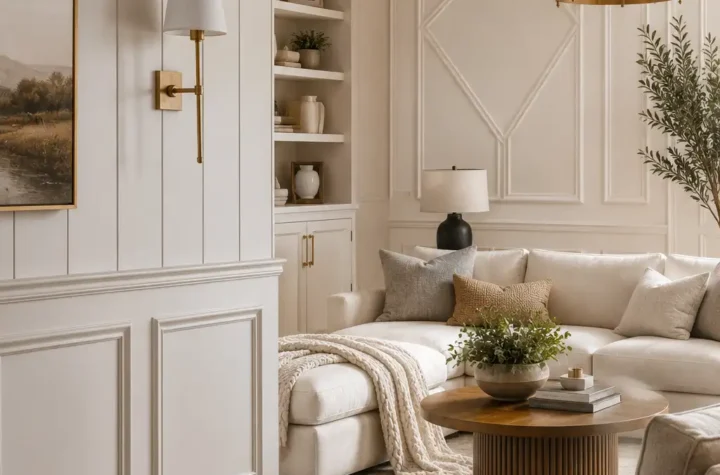 Elegant modern living room featuring stylish wainscoting wall panels with a blend of classic and contemporary interior design