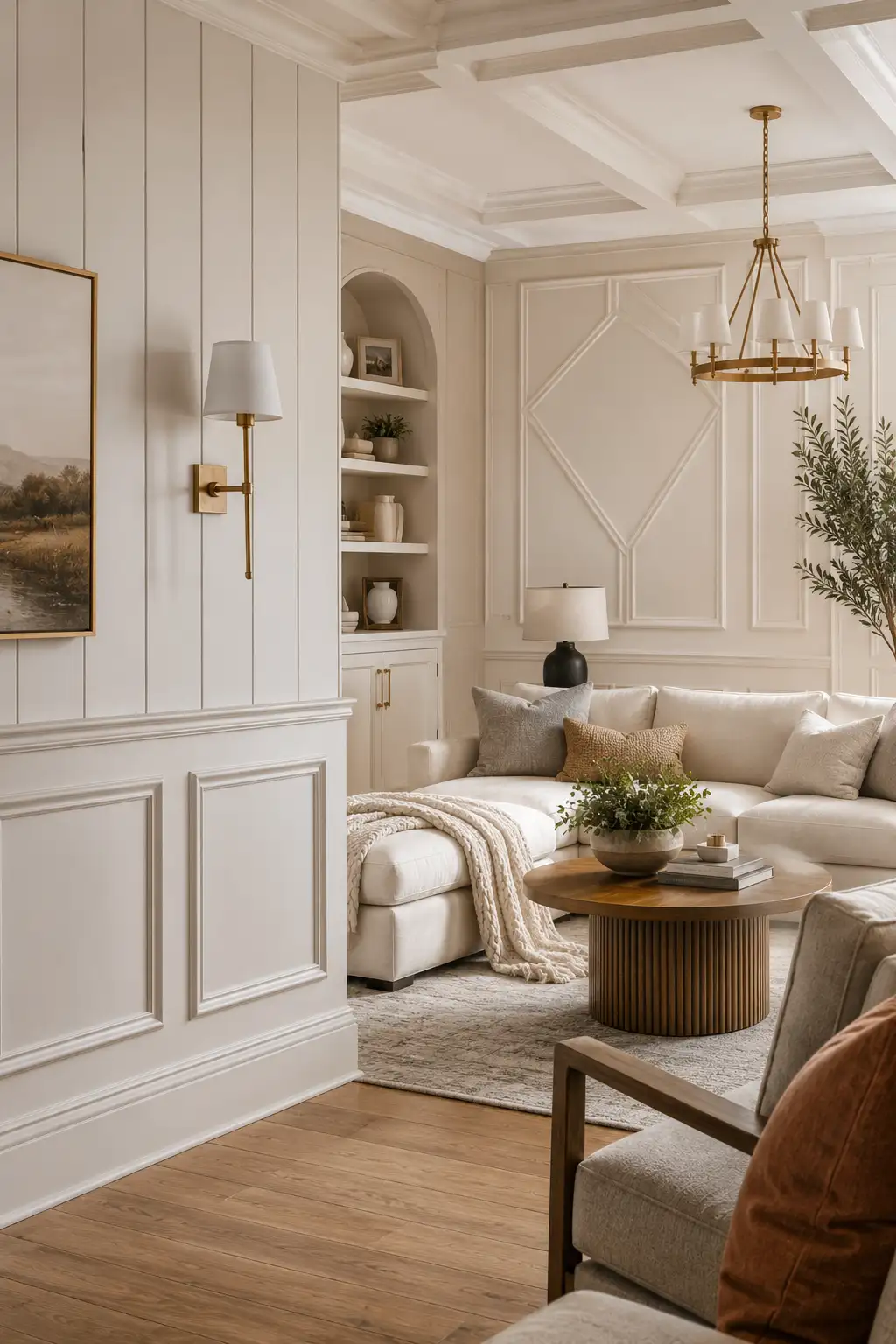 Elegant modern living room featuring stylish wainscoting wall panels with a blend of classic and contemporary interior design