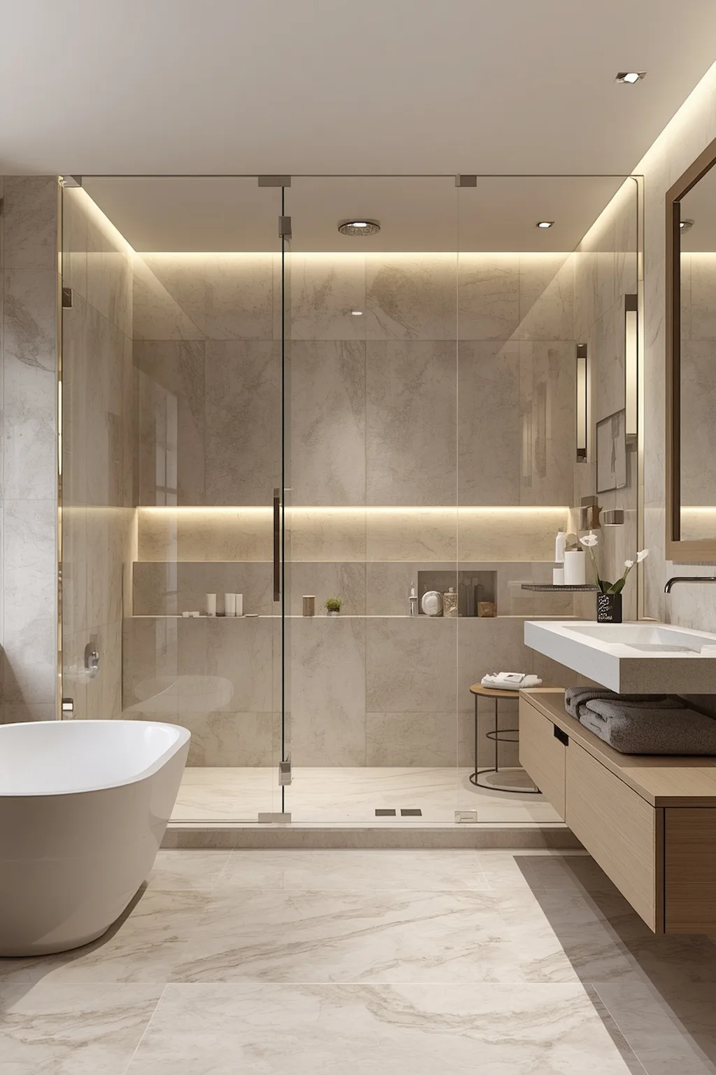 Luxurious modern walk-in shower with frameless glass, large-format tiles, rainfall showerhead, and spa-inspired bathroom design