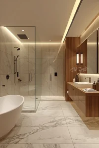 Modern curbless shower with frameless glass, luxury tile, and spa-inspired bathroom design.