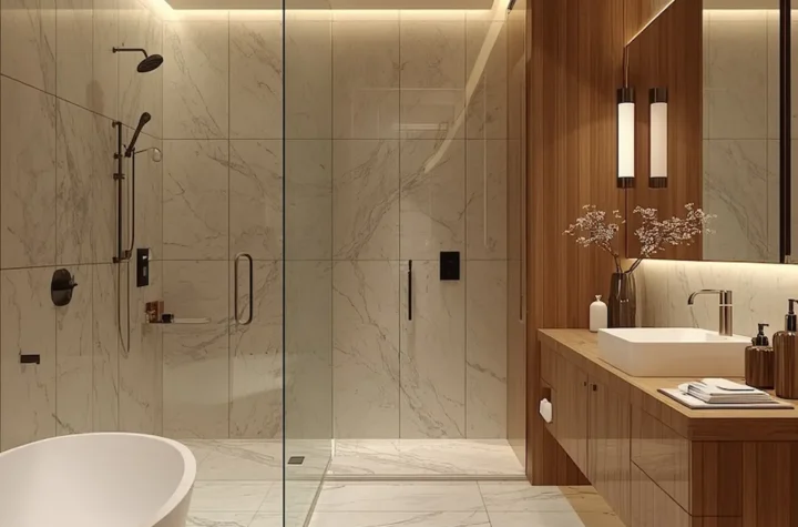 Modern curbless shower with frameless glass, luxury tile, and spa-inspired bathroom design.