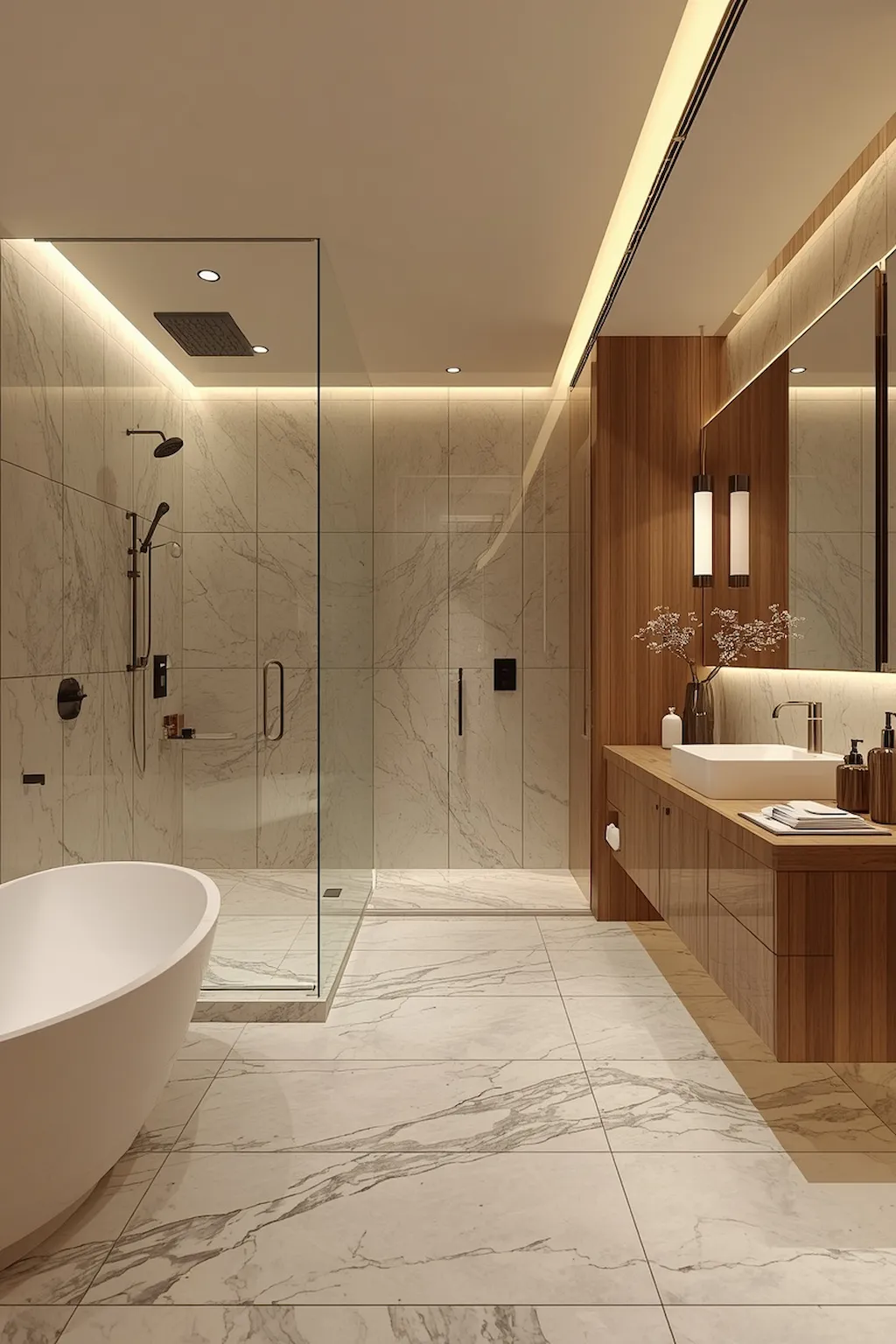 Modern curbless shower with frameless glass, luxury tile, and spa-inspired bathroom design.