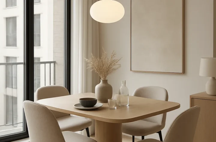 Modern small dining room featuring a stylish table, smart layout, space-saving furniture, and bright contemporary design