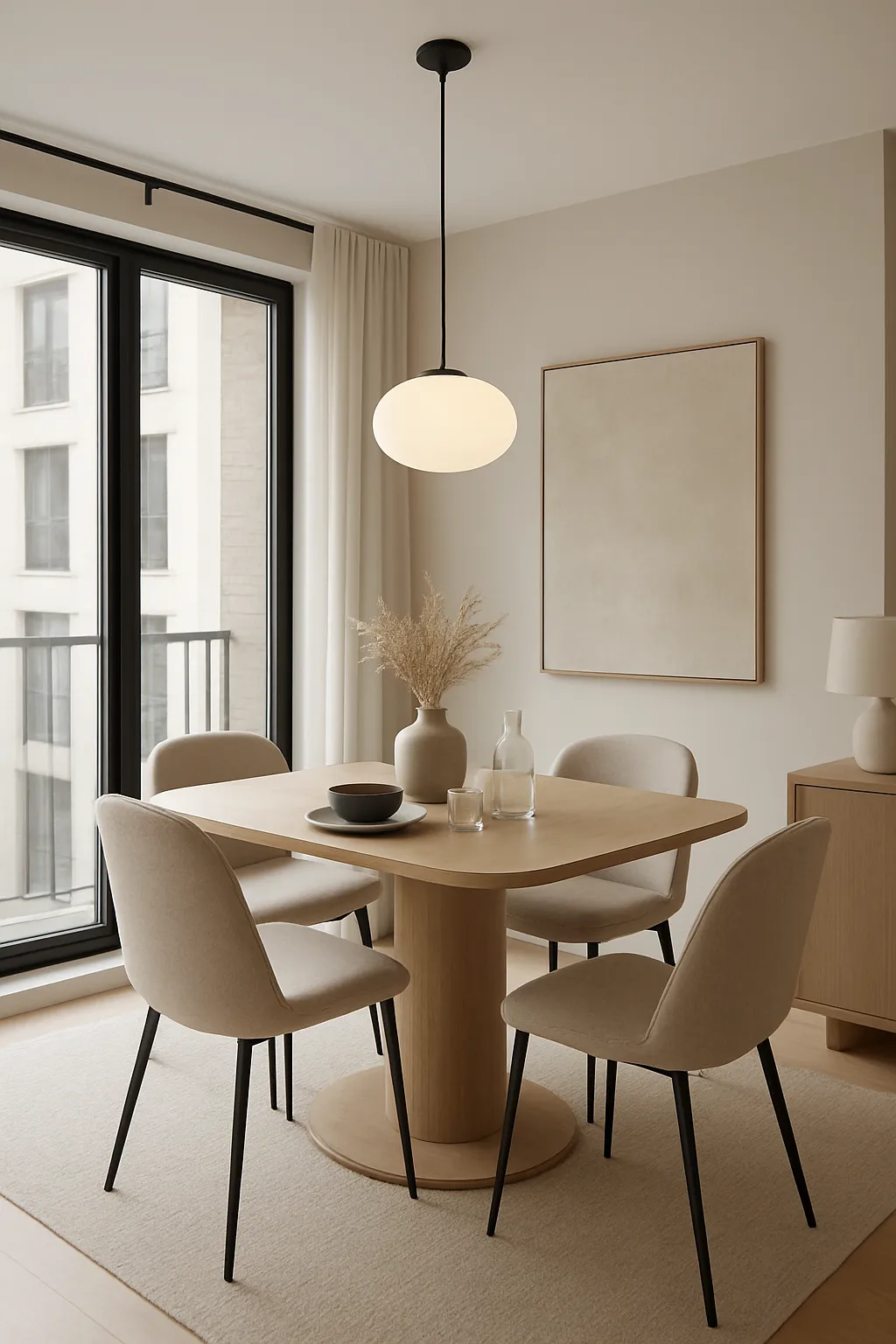 Modern small dining room featuring a stylish table, smart layout, space-saving furniture, and bright contemporary design