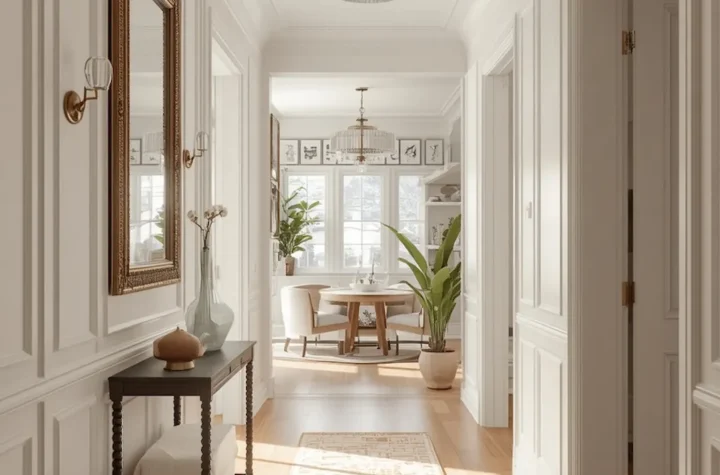 Bright and stylish upstairs hallway featuring elegant lighting, gallery wall artwork, runner rug, decorative paneling, and cozy modern home design